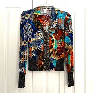 Y2K Alberto Makali 100% Silk Blouse Top Artsy Metallic Sequin Beading Zip Size S